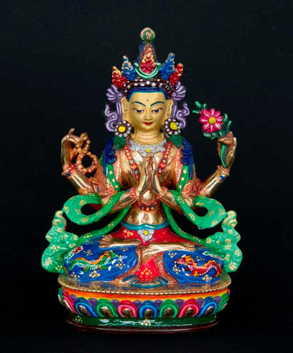 Statue tibétaine de Chenrezig en bronze doré – Bodhisattva de la compassion, artisanat sacré de Patan