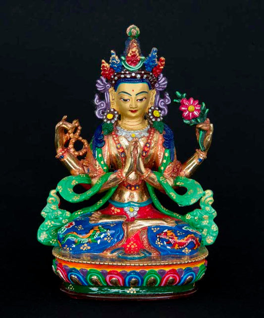 Statue tibétaine de Chenrezig en bronze doré – Bodhisattva de la compassion, artisanat sacré de Patan