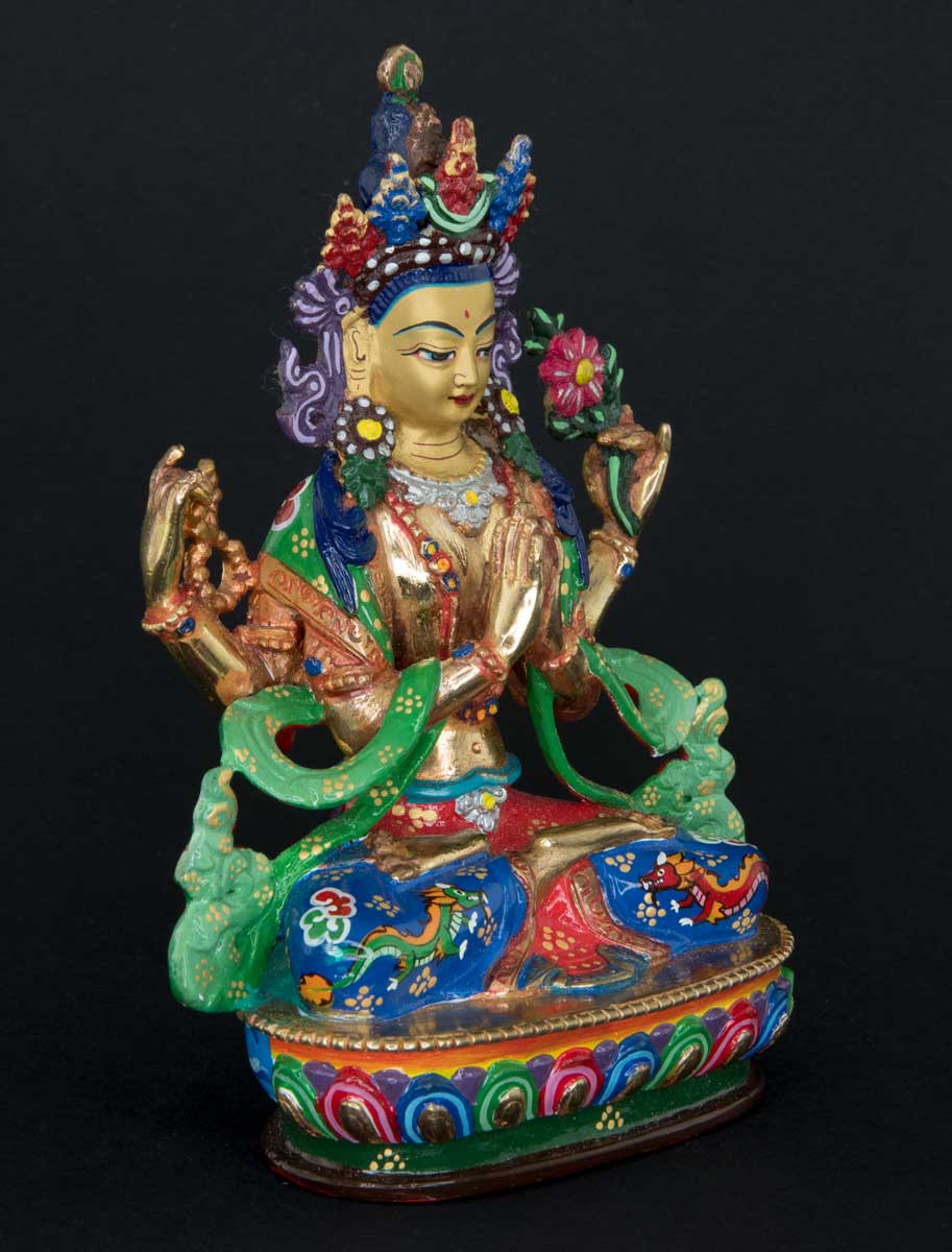 Statue tibétaine de Chenrezig en bronze doré – Bodhisattva de la compassion, artisanat sacré de Patan