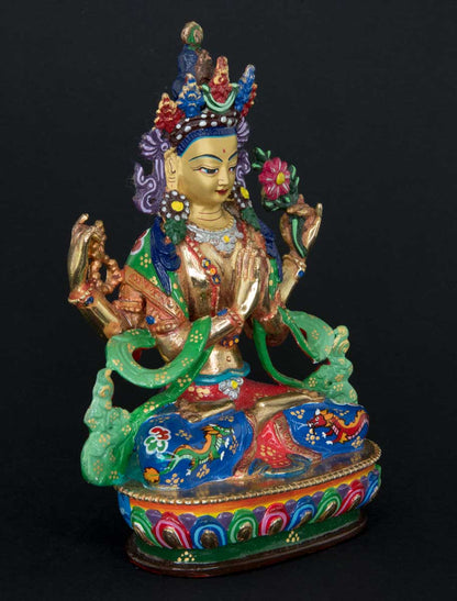 Statue tibétaine de Chenrezig en bronze doré – Bodhisattva de la compassion, artisanat sacré de Patan