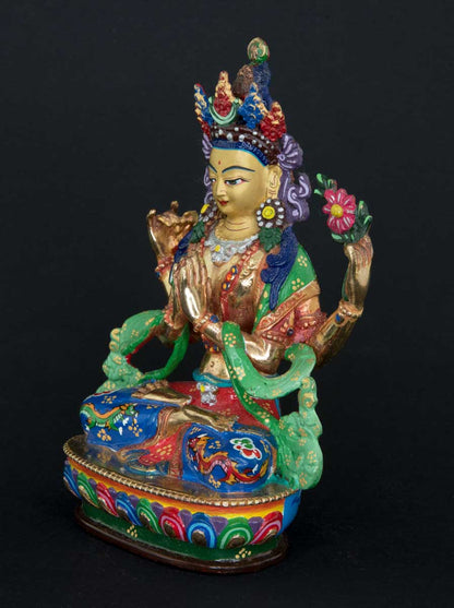 Statue tibétaine de Chenrezig en bronze doré – Bodhisattva de la compassion, artisanat sacré de Patan