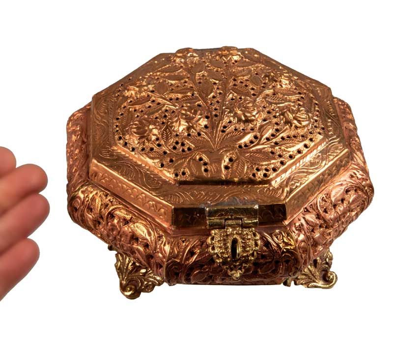 Grand brûleur d’encens tibétain en cuivre et laiton – boîte à bijoux multifonction ajourée