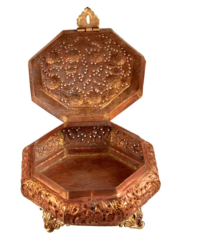 Grand brûleur d’encens tibétain en cuivre et laiton – boîte à bijoux multifonction ajourée