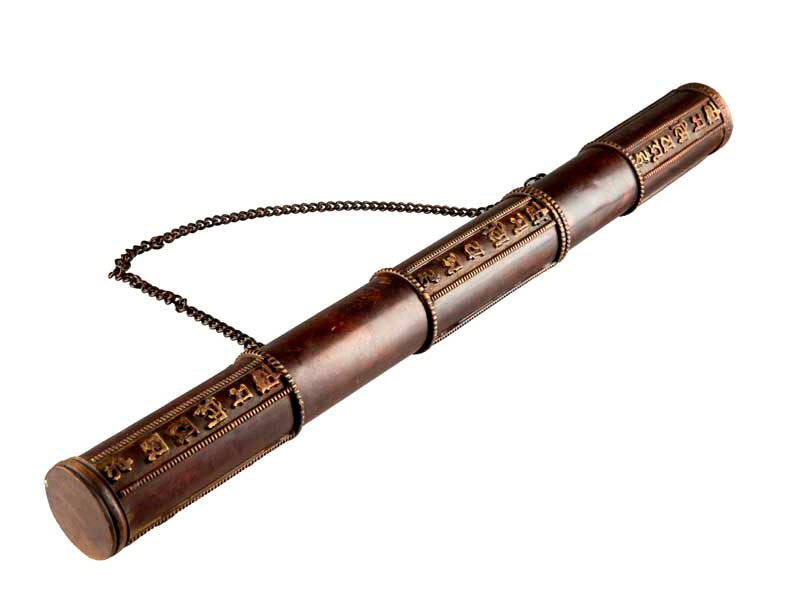 Étui à encens tibétain en cuivre et laiton – porte-manuscrit décoré de mantra bouddhiste