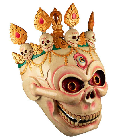 Grand Masque Crâne Chitipati – Masque Tibétain de Danse Cham en Bois 54 cm