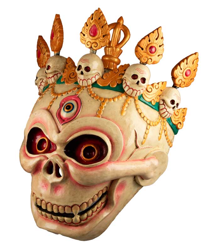 Grand Masque Crâne Chitipati – Masque Tibétain de Danse Cham en Bois 54 cm