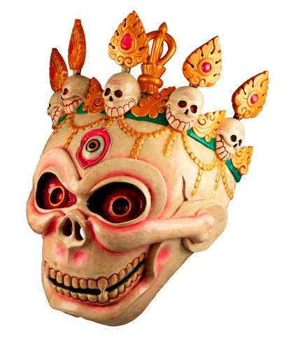 Grand Masque Crâne Chitipati – Masque Tibétain de Danse Cham en Bois 54 cm