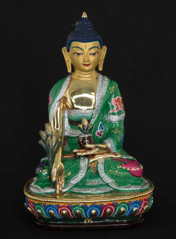 Statue tibétaine du Bouddha de la Médecine en bronze doré – Artisanat sacré du clan Shakya de Patan