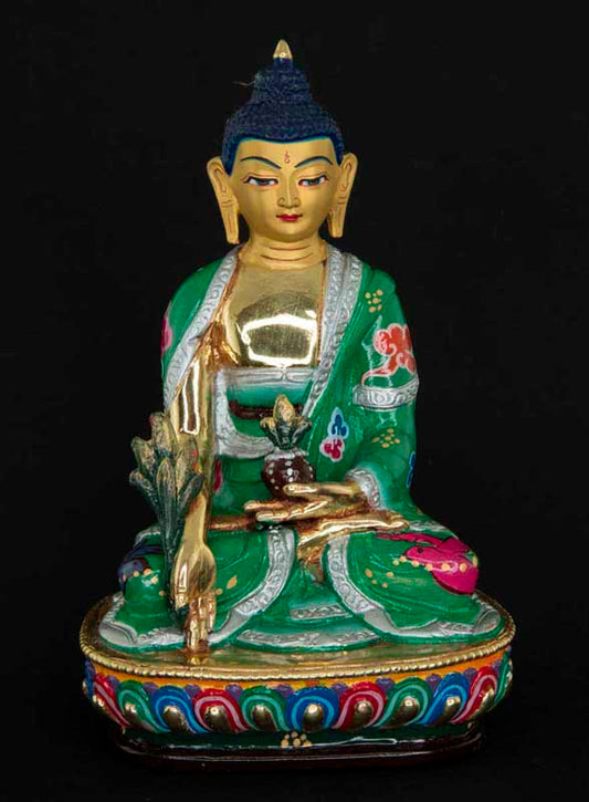 Statue tibétaine du Bouddha de la Médecine en bronze doré – Artisanat sacré du clan Shakya de Patan