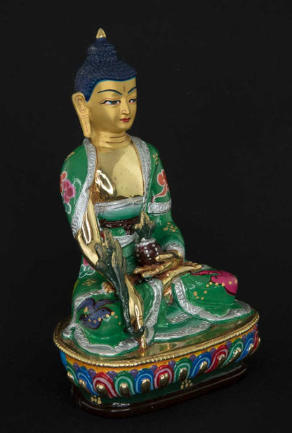 Statue tibétaine du Bouddha de la Médecine en bronze doré – Artisanat sacré du clan Shakya de Patan