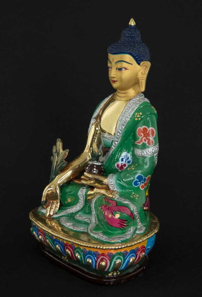 Statue tibétaine du Bouddha de la Médecine en bronze doré – Artisanat sacré du clan Shakya de Patan