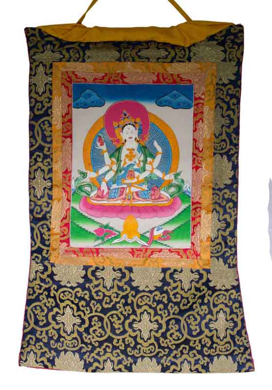 Thangka Tibétain Ushnishavijaya – Déesse Bouddhique De La Longévité