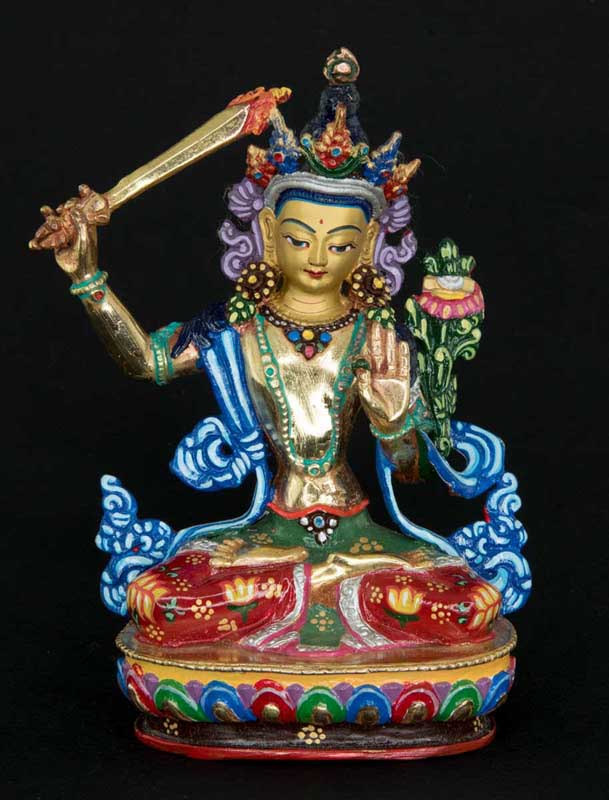 Statue Manjushri en Alliage de Cuivre Doré 13,6 cm – Bodhisattva Tibétain de Patan au Népal