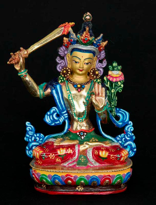Statue Manjushri en Alliage de Cuivre Doré 13,6 cm – Bodhisattva Tibétain de Patan au Népal