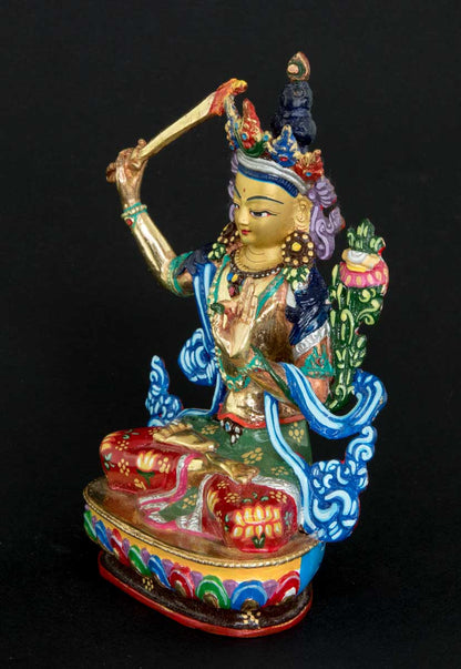 Statue Manjushri en Alliage de Cuivre Doré 13,6 cm – Bodhisattva Tibétain de Patan au Népal