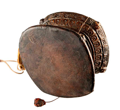 Damaru Tibétain Ancien – Tambourin Rituel du Chöd en Bois de Ronce de l’Himalaya avec Étui
