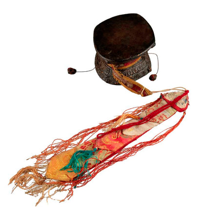 Damaru Tibétain Ancien – Tambourin Rituel du Chöd en Bois de Ronce de l’Himalaya avec Étui