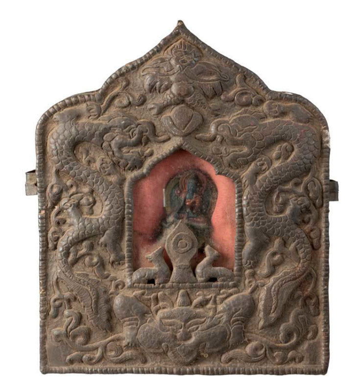Ghau tibétain – reliquaire bouddhiste Bouddha Médecine en fer repoussé (21 cm)