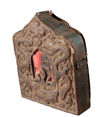 Ghau tibétain – reliquaire bouddhiste Bouddha Médecine en fer repoussé (21 cm)
