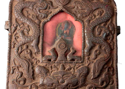 Ghau tibétain – reliquaire bouddhiste Bouddha Médecine en fer repoussé (21 cm)