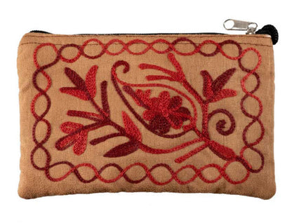 Pochette Trousse – Porte-Monnaie Brodé Fleurs sur Fond Marron Clair – Népal