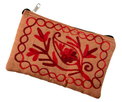 Pochette Trousse – Porte-Monnaie Brodé Fleurs sur Fond Marron Clair – Népal