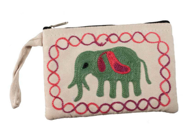 Petit Porte-Monnaie Brodé Éléphant Vert sur Fond Crème