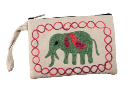 Petit Porte-Monnaie Brodé Éléphant Vert sur Fond Crème