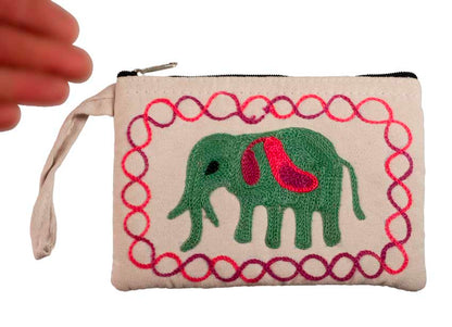 Petit Porte-Monnaie Brodé Éléphant Vert sur Fond Crème