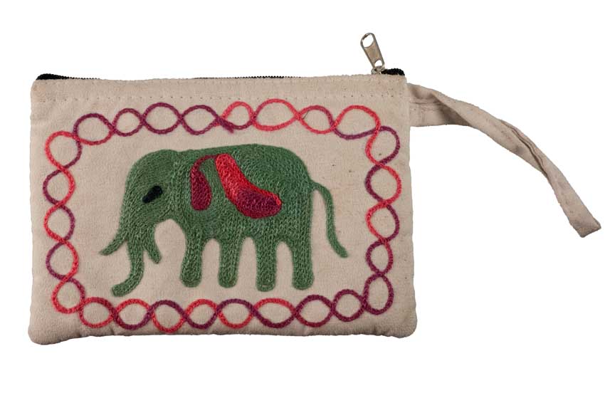 Petit Porte-Monnaie Brodé Éléphant Vert sur Fond Crème