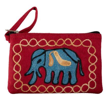Petit Porte-Monnaie Brodé Éléphant Bleu sur Fond Rouge