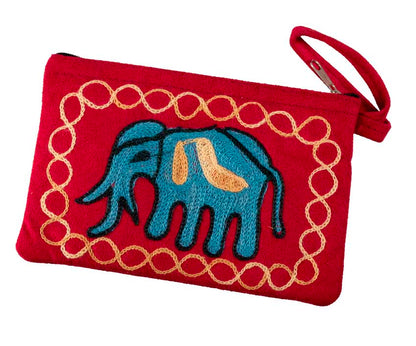 Petit Porte-Monnaie Brodé Éléphant Bleu sur Fond Rouge