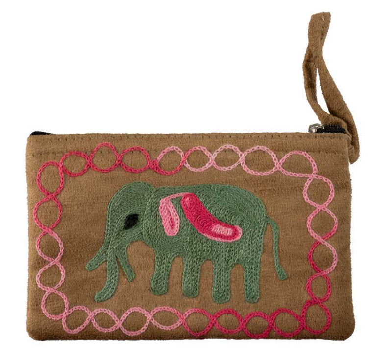 Porte-Monnaie Brodé Éléphant Gris sur Fond Marron Clair – Népal