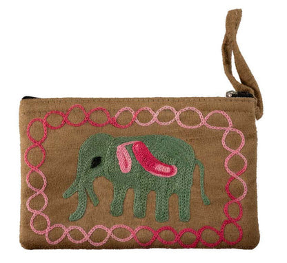 Porte-Monnaie Brodé Éléphant Gris sur Fond Marron Clair – Népal