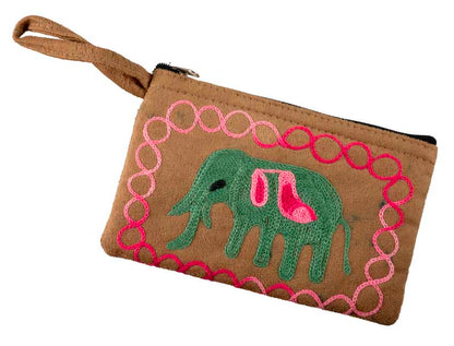 Porte-Monnaie Brodé Éléphant Gris sur Fond Marron Clair – Népal