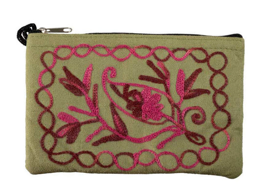 Porte-Monnaie Brodé Fleurs Roses et Mauves sur Fond Vert – Artisanat Népalais