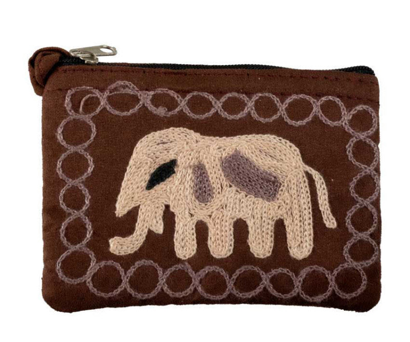 Porte-Monnaie Brodé Éléphant Marron – Artisanat Népalais