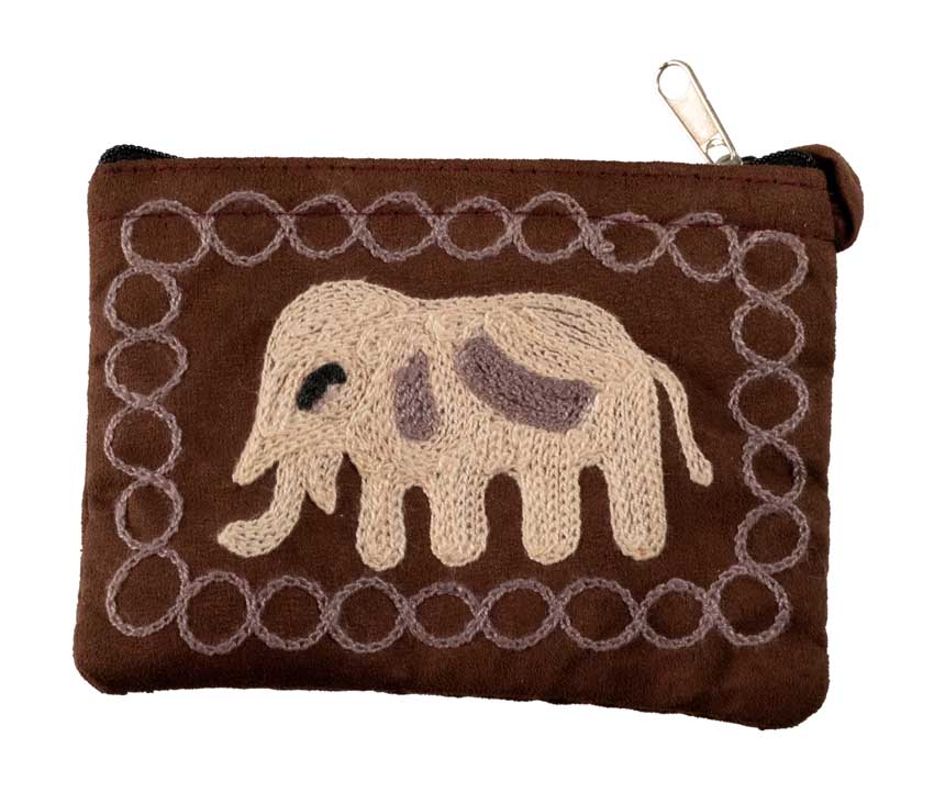 Porte-Monnaie Brodé Éléphant Marron – Artisanat Népalais