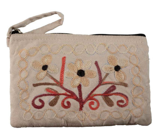 Porte-Monnaie Brodé Fleurs sur Fond Beige – Artisanat Népalais