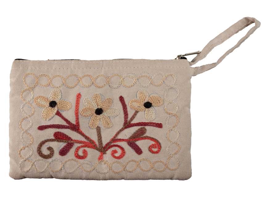 Porte-Monnaie Brodé Fleurs sur Fond Beige – Artisanat Népalais