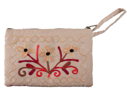 Porte-Monnaie Brodé Fleurs sur Fond Beige – Artisanat Népalais