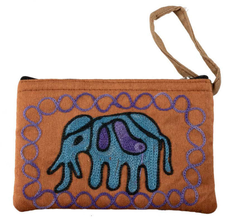 Porte-Monnaie Brodé Éléphant Bleu sur Fond Marron – Népal
