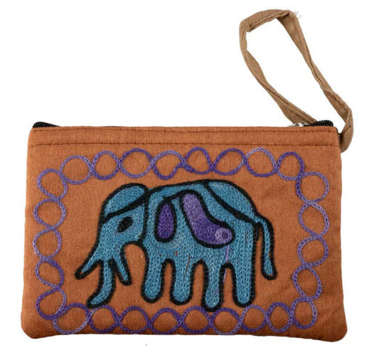 Porte-Monnaie Brodé Éléphant Bleu sur Fond Marron – Népal