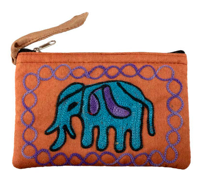 Porte-Monnaie Brodé Éléphant Bleu sur Fond Marron – Népal