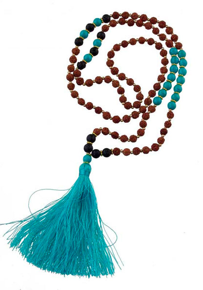 Sautoir Mala Tibétain En Rudraksha Avec Perles Turquoise Et Lave