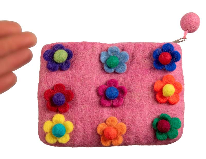 Porte-Monnaie en Feutrine Rose à Fleurs – Artisanat Népalais