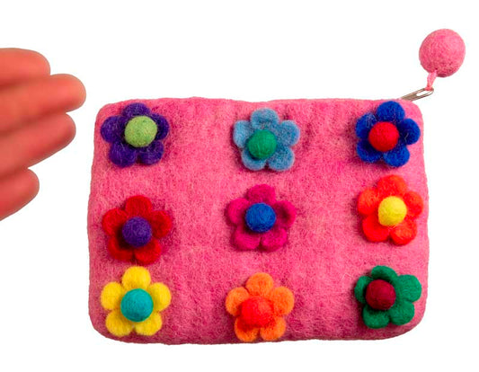 Porte-Monnaie en Feutrine Rose à Fleurs – Artisanat Népalais