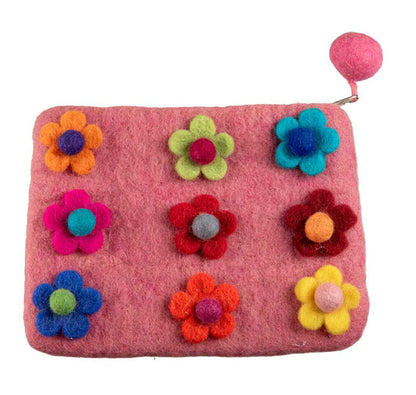 Porte-Monnaie en Feutrine Rose à Fleurs – Artisanat Népalais