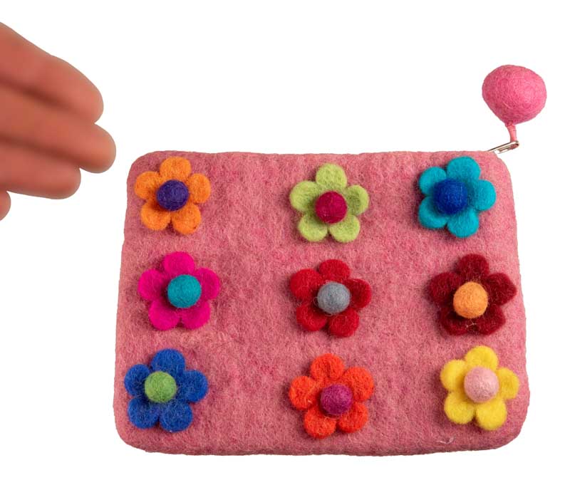 Porte-Monnaie en Feutrine Rose à Fleurs – Artisanat Népalais