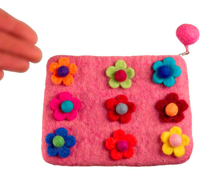 Porte-Monnaie en Feutrine Rose à Fleurs – Artisanat Népalais